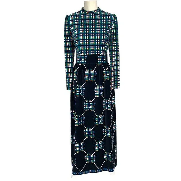 Vintage Dresses | Vintage 60s Multicolor Long Sleeve Full Length Plaid Floral Velvet Dress Large | Color: Black/Green | Size: L | Purplemothclost's